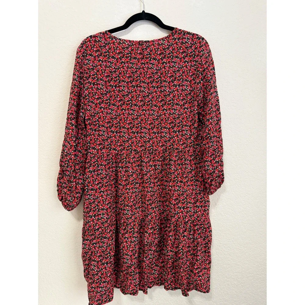 NWT GAP Floral Print‎ Mini Dress Red Black Long Sleeve V Neck Tiered Babydoll